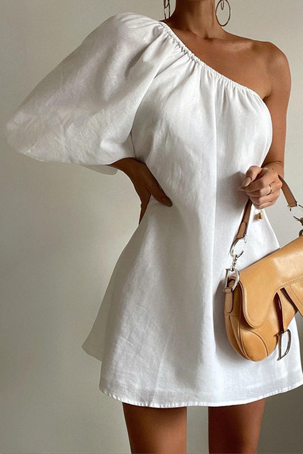 Fashionable loose fitting slim sloping shoulder cotton linen dress