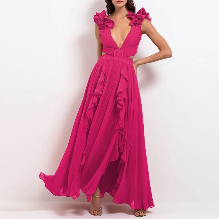 Maillot de bain une pièce et jupe découpés Vioye Deep V Rose Red 