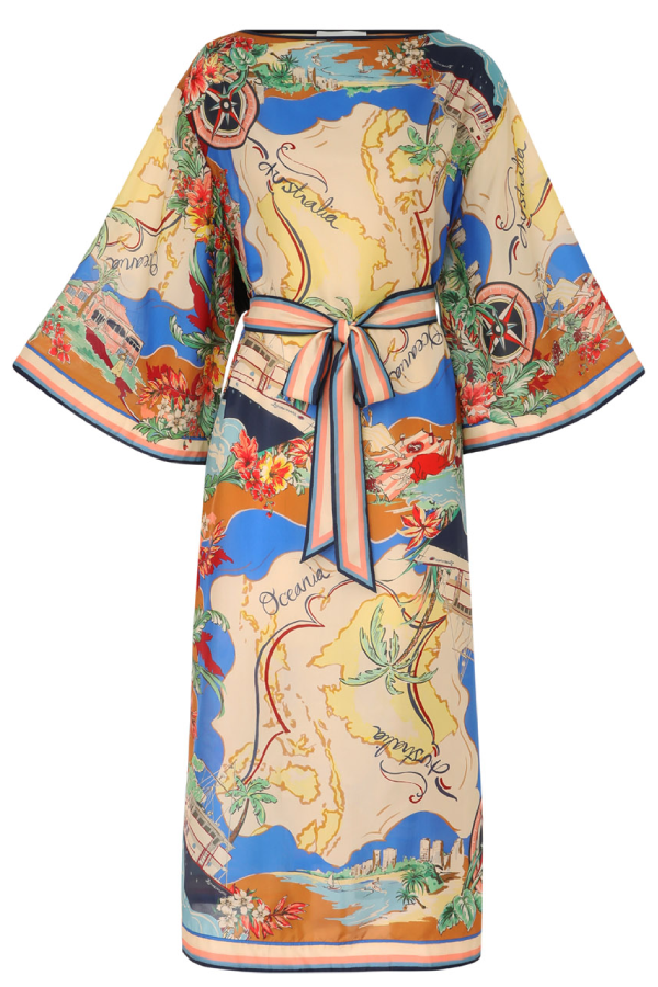 Unique Print Boat Neck Bell Sleeve Belt Pocketed Midi Dress