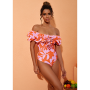 Off Shoulder Ruffle Printed One Piece Swimsuit and Skirt