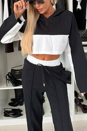 Perfect for Everyday Patchwork Cropped Hoodie and Elastic Waist Pocketed Slit Pants Set