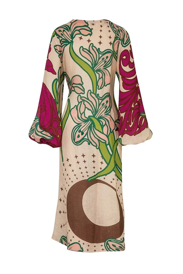 Robe longue tunique à manches ballon et lien en mélange de lin Tracey 