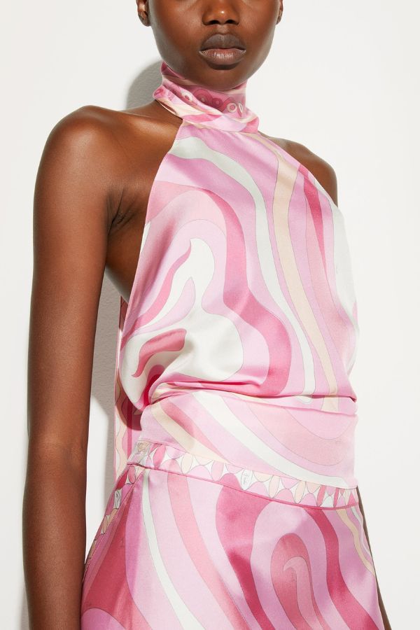 Ansela Satin Unique Print Halter Scarf Tank and Asymmetrical Maxi Skirt Set