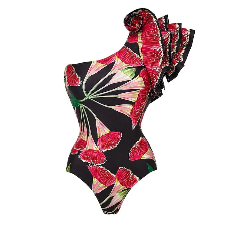 Maillot de bain une pièce à volants asymétriques et jupe à imprimé fleurs d'eucalyptus 
