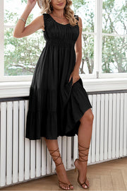 Black U-Neck Sleeveless Ruched Tiered Ruffled Midi Dress