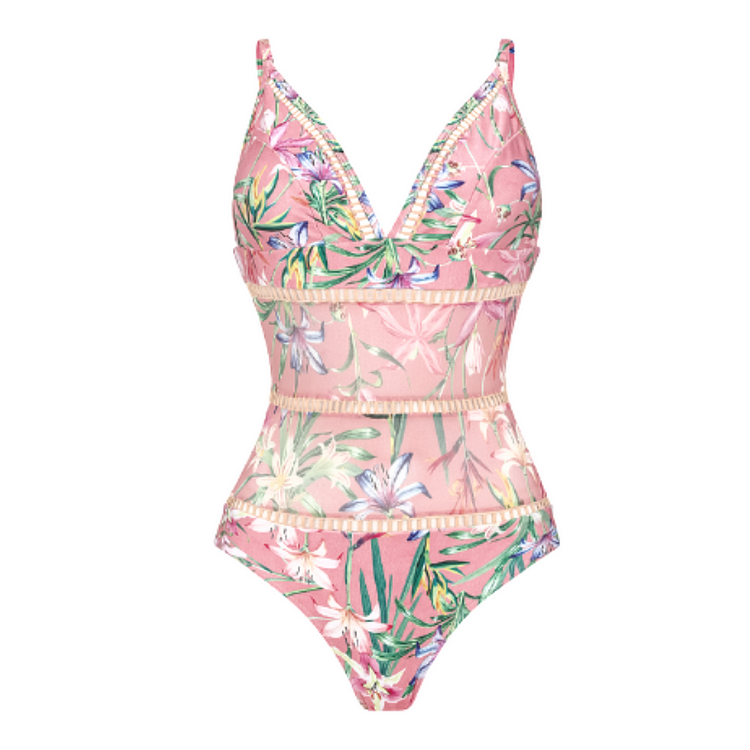 swimgirls Einteiliger Badeanzug mit V-Ausschnitt und Blumenmuster und Sarong aus Netzstoff 