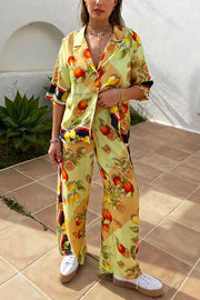 Fruity Citrus Linen Blend Printed Wide Leg Vacation Pants