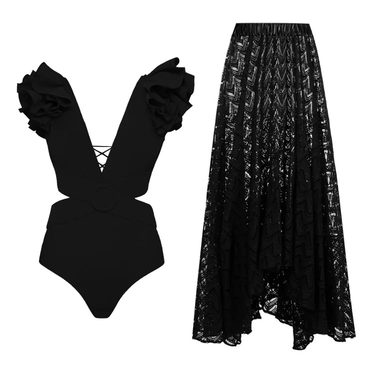 Maillot de bain une pièce noir à découpes et jupe en V profond 