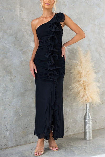 Rehna Mesh 3D Ruffles One Shoulder Stretch Maxi Dress