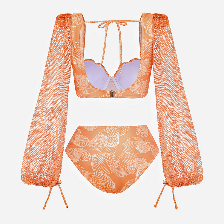 Maillot de bain bikini à manches longues et jupe à imprimé coquillage 