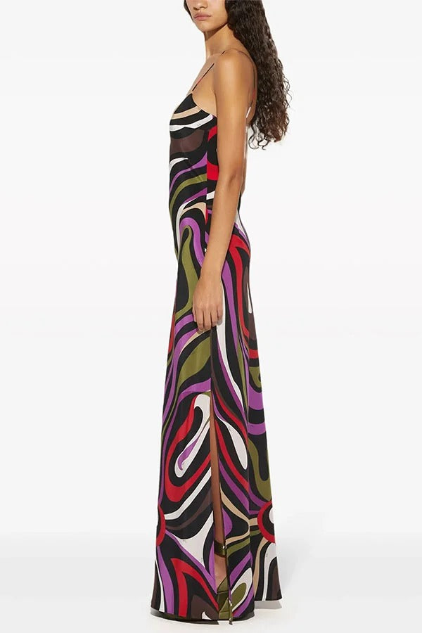 Love in Venice Unique Print V-neck Slit Slip Maxi Dress