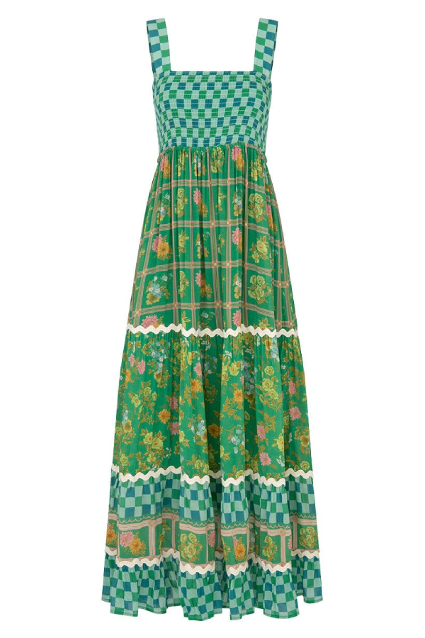 Robe longue à imprimé unique, buste froncé, dos lacé