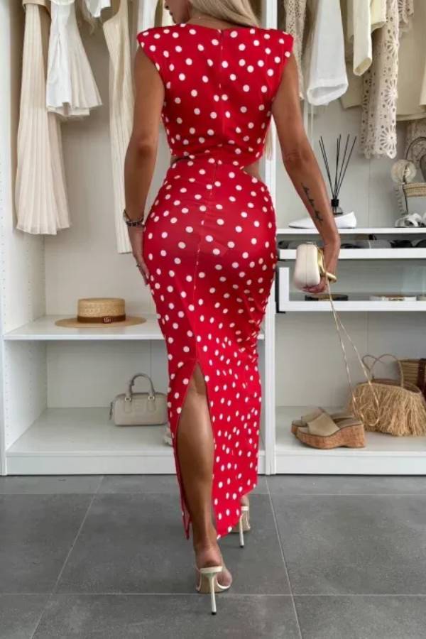 Roxane Stretch-Maxikleid mit gepunktetem Muster, Schulterpolstern, Metallausschnitten an der Taille und Schlitz