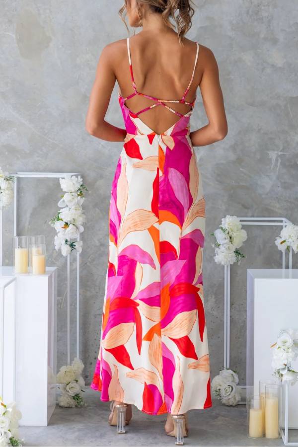 Botanical Print Sexy Sleeveless Open Back Maxi Dress