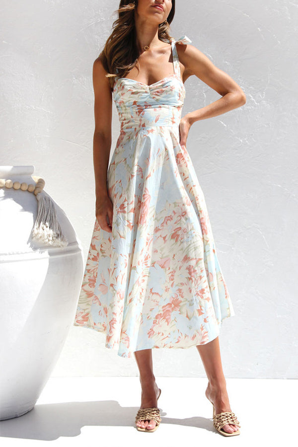 Slim fit slim waist V-neck suspender print mid-length dress