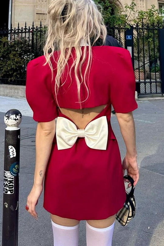 Stylish Contrast Lapel Backless Bow Shirt Style Pocket Mini Dress