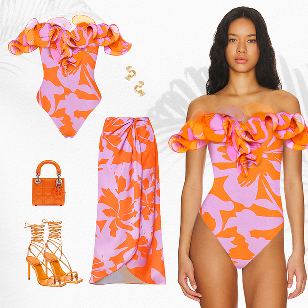 Off Shoulder Ruffle Printed One Piece Swimsuit and Skirt