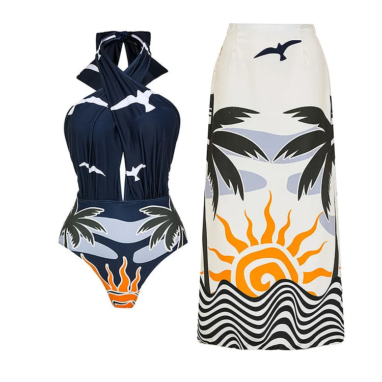 Maillot de bain une pièce à lacets et imprimé licou et jupe 