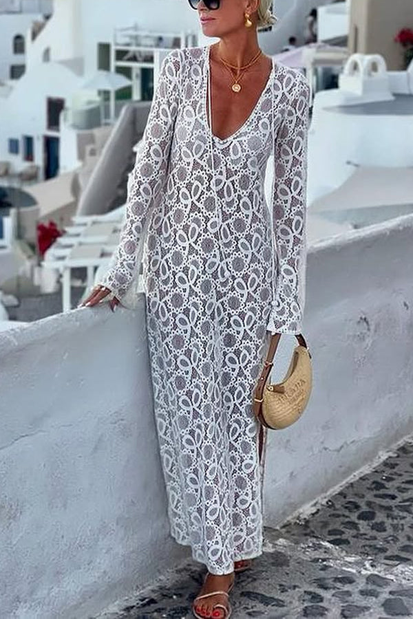 Robe longue fendue à manches longues en dentelle florale motif coucher de soleil Santorini 
