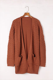 Brown Woven Texture Open Front Pockets Knit Cardigan