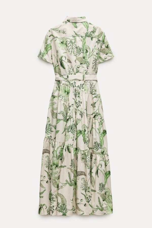 Green Floral Print Shirt Long Dress