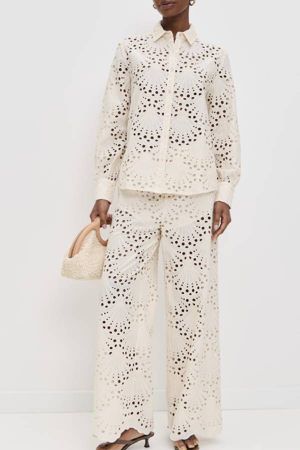 Lillah Embroidered Lace Shell Pattern Elastic Waist Pocket Wide Leg Pants