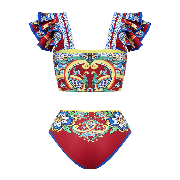 Maillot de bain et jupe bikini imprimés à volants 