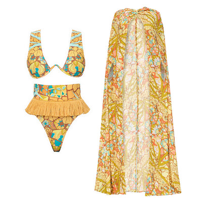 Opulent Printed Tassel Bikini Swimsuit and Cape