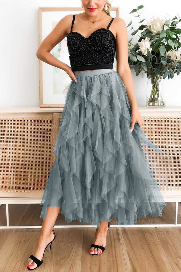 Jupe amincissante taille haute en maille bouffante de couleur unie à la mode