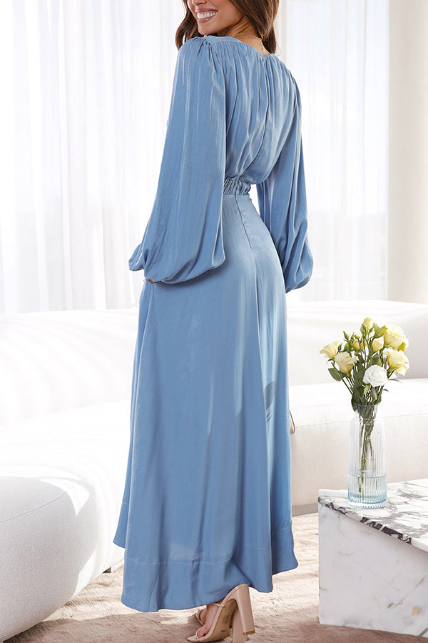 Eloise Blue Bubble Long Sleeve One Side Open Waist Midi Dress