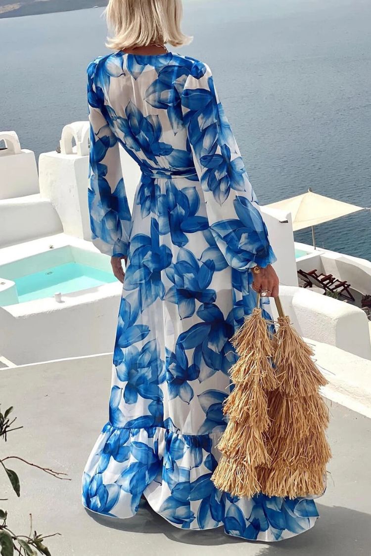 Island Girl Floral Print V-neck Long Sleeve Tie Slit Holiday Maxi Dress