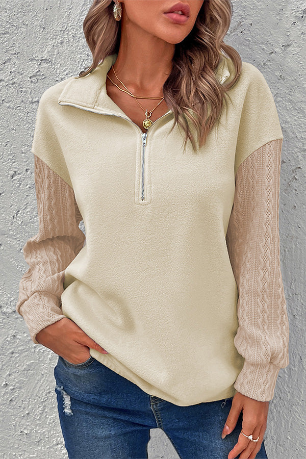 Beige Half Zip Textured Patchwork Sleeve Drop Shoulder Sweatshirt