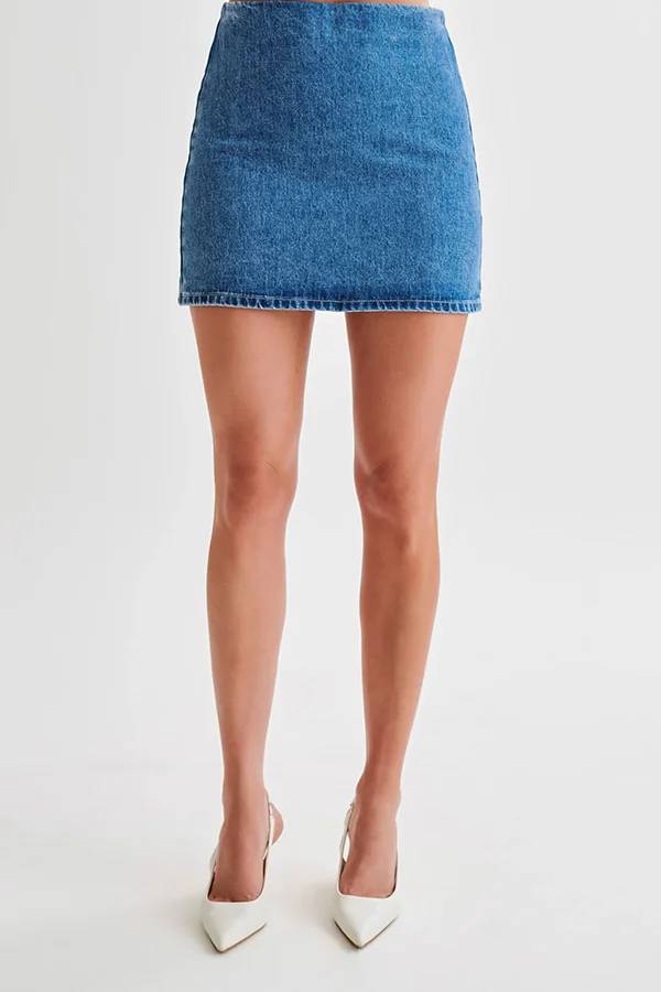 Modern Flavor Denim High Rise Back Zipper A-line Stretch Mini Skirt