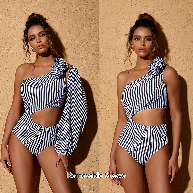 Maillot de bain une épaule et jupe à fleurs 3D à manches amovibles 