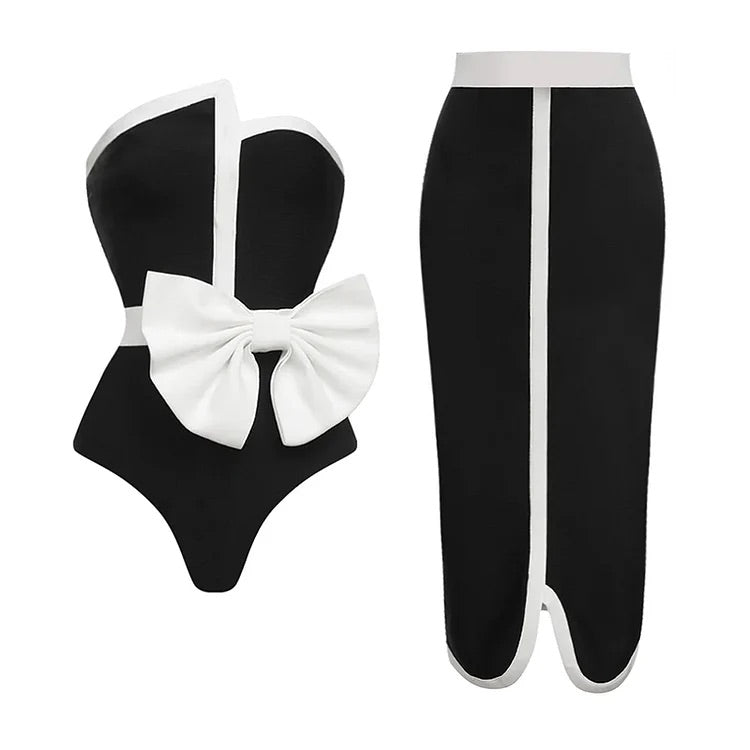 Maillot de bain une pièce avec nœud papillon et jupe à épaules dénudées 