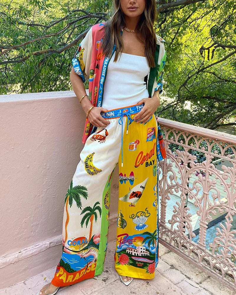Contrast Color Holiday Style Print Two Piece Set