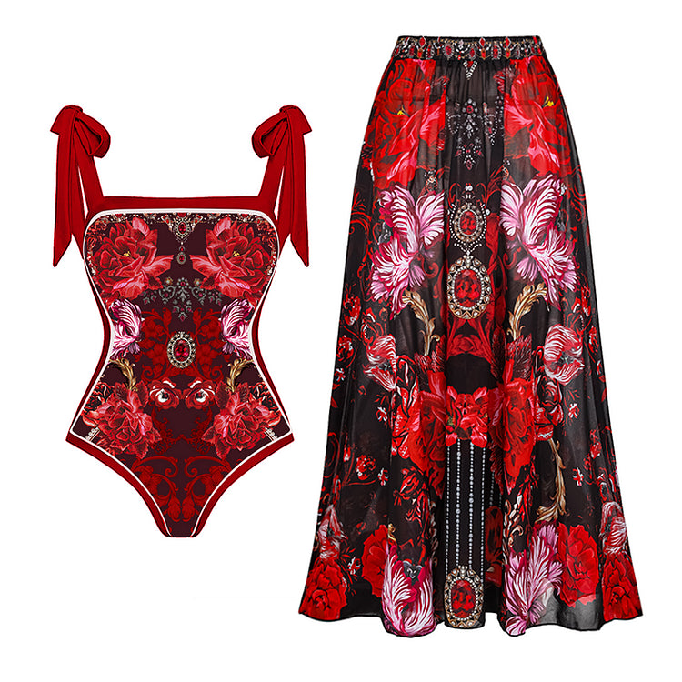 Maillot de bain une pièce et jupe à imprimé rose Swimgirls, avec nœud papillon et bretelles nouées 
