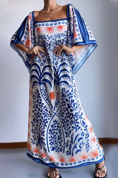 Blue bell sleeve printed loose dress