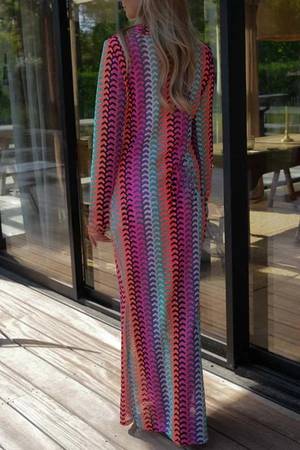 Eleanor Knit Colorful Wave Unique Print Shirt U-neck Long Sleeve Slit Maxi Dress