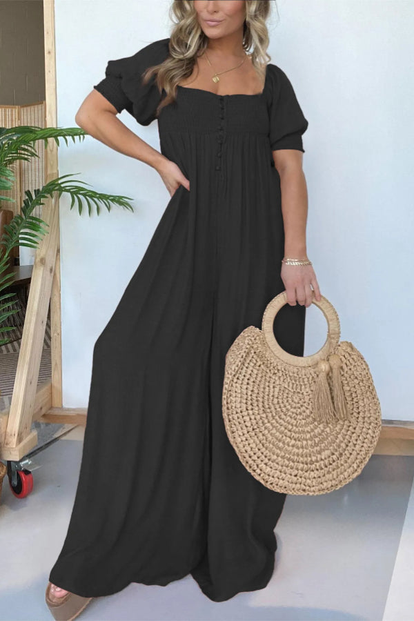 2024 NEW SQUARE NECKLINE JUMPSUIT WITH SMOCKED BODICE BUTTON (BUY 2 FREE SHIPPING)
