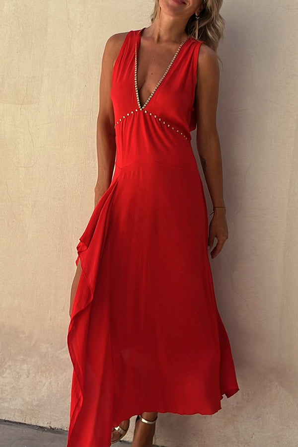 Gabin Red Sleeveless Deep V Sexy Midi Dress