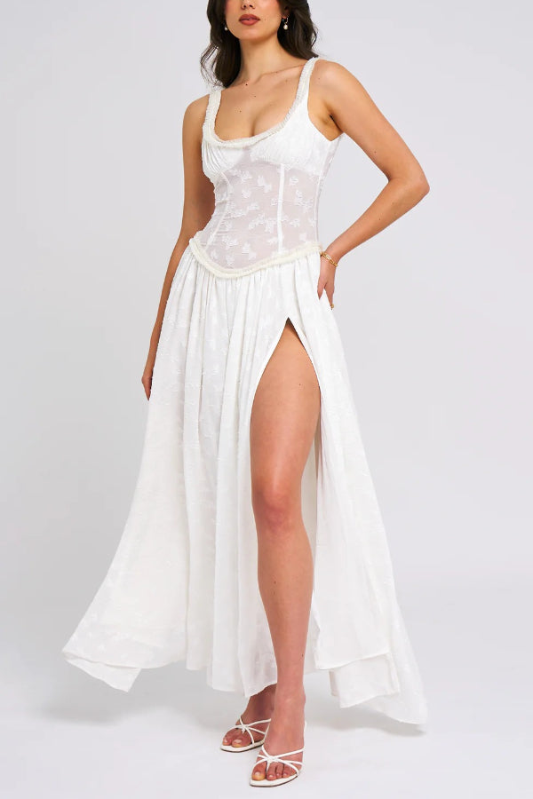 Robe longue fendue haute texturée en jacquard vert clair à col carré Ulissa