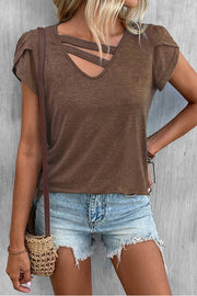 Solid Color Casual Cutout Neck T Shirt