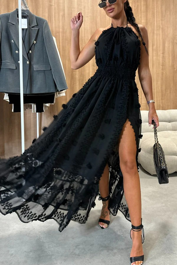 Robe longue fendue dos nu à taille élastique et broderie florale Gloria