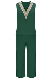 Mchoice Women's Summer Outfits Fashion V-neck Solid Color Sleeveless Tops and Loose Pocket Pants Suit