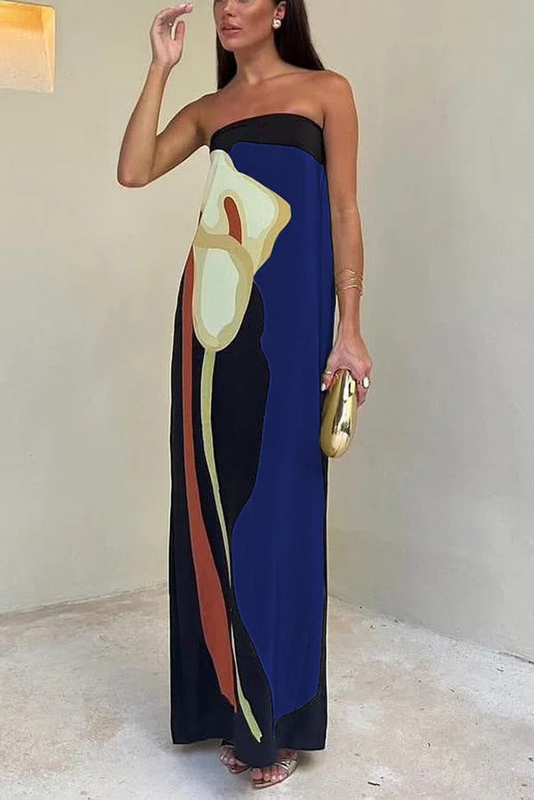 Robe longue ample à imprimé floral abstrait Jaime, épaules dénudées et élastique, idéale pour les vacances