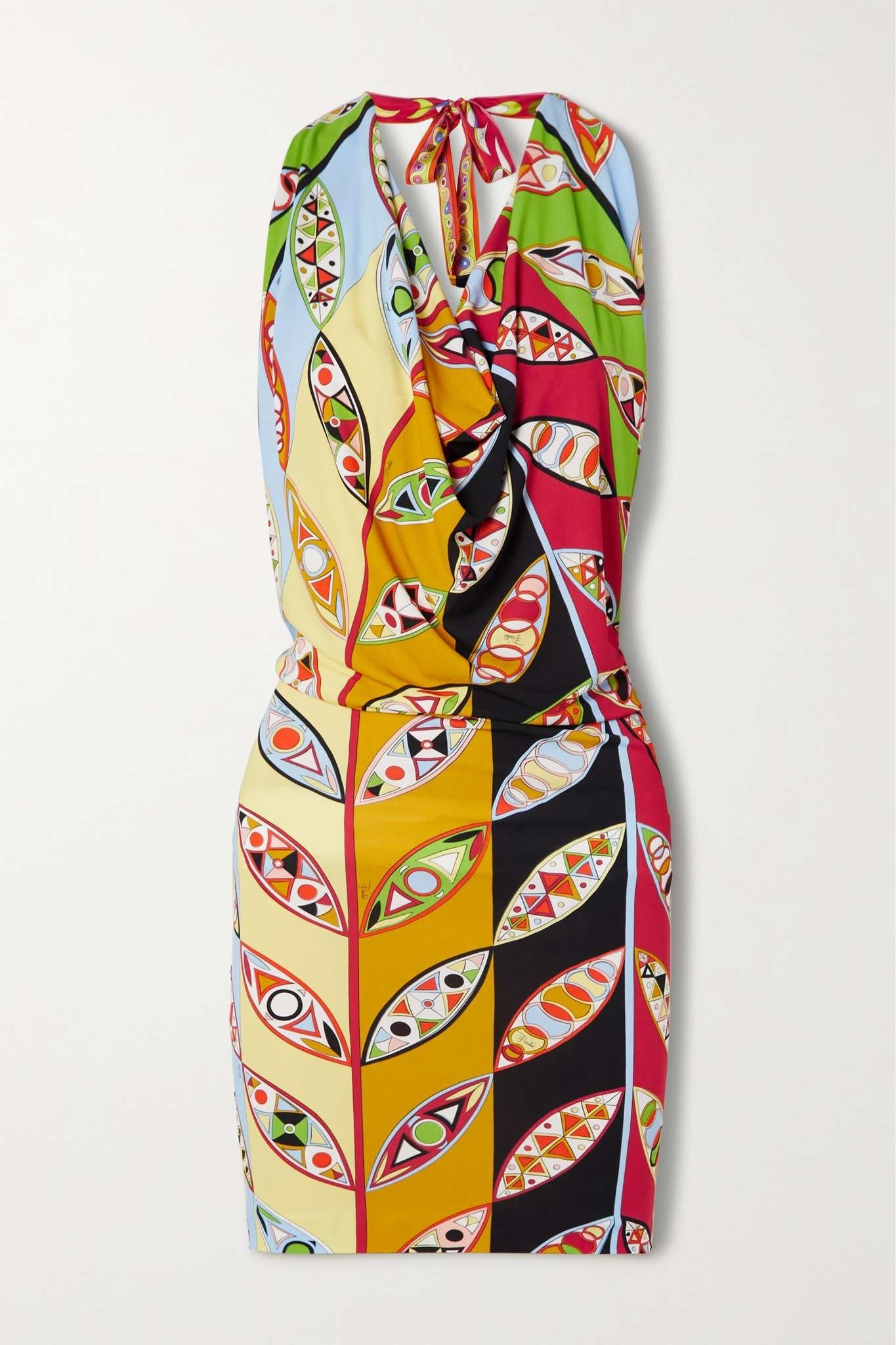 Catch Your Eyes Satin Unique Print Draped Halter Neck Mini Dress