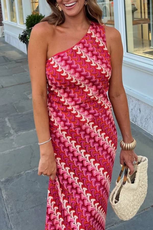 Ansela Knit Wave Unique Print One Shoulder Top and Stretch Maxi Skirt Set