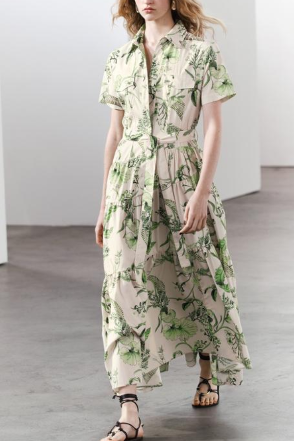 Green Floral Print Shirt Long Dress