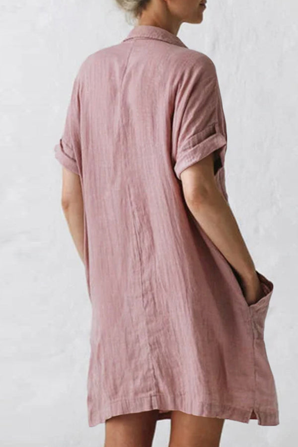 Cotton Linen Long Sleeve Irregular Pocket Dress Shirt Dress